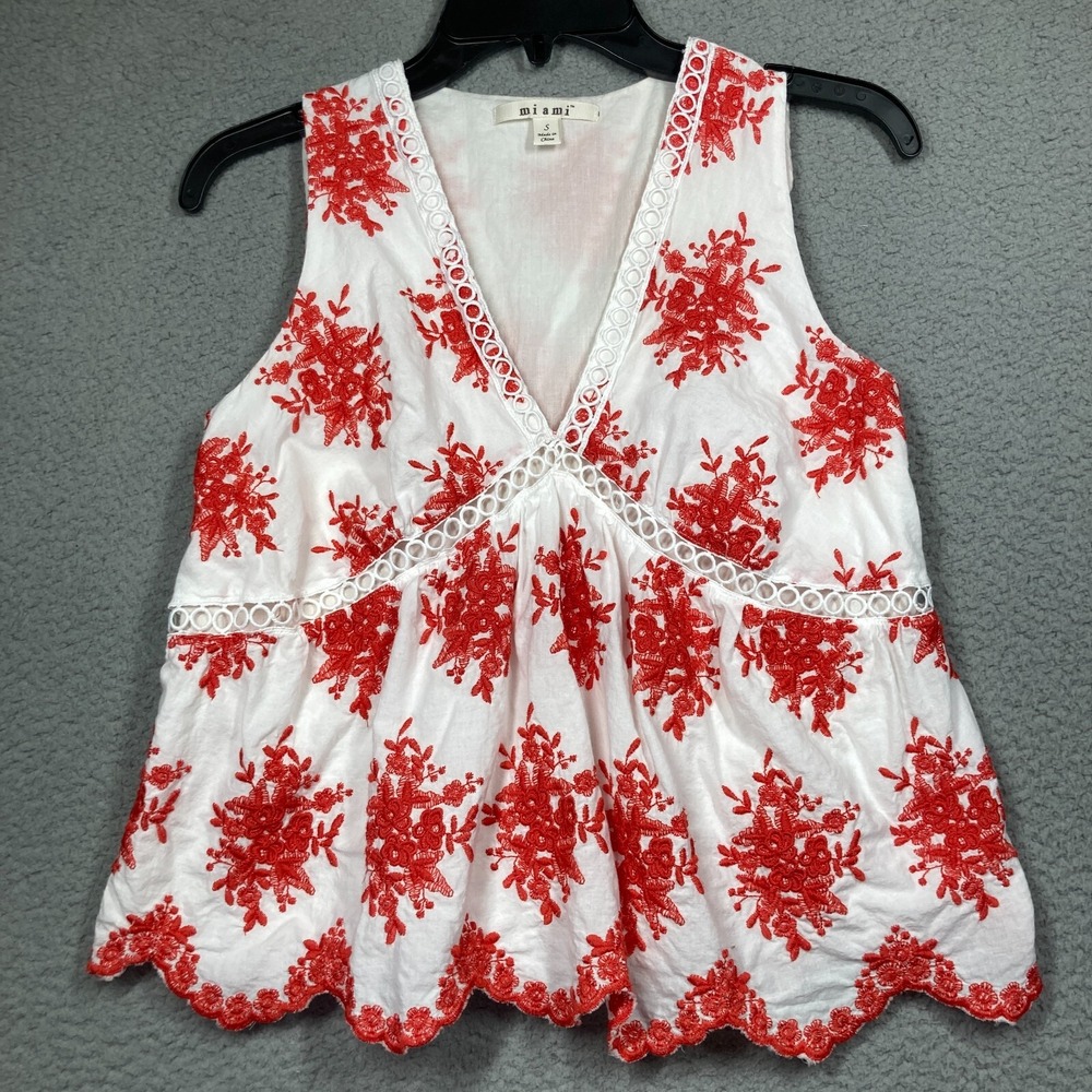 Miami Top Womens Small White Orange Sleeveless Lined Embroidered Babydoll Beachy